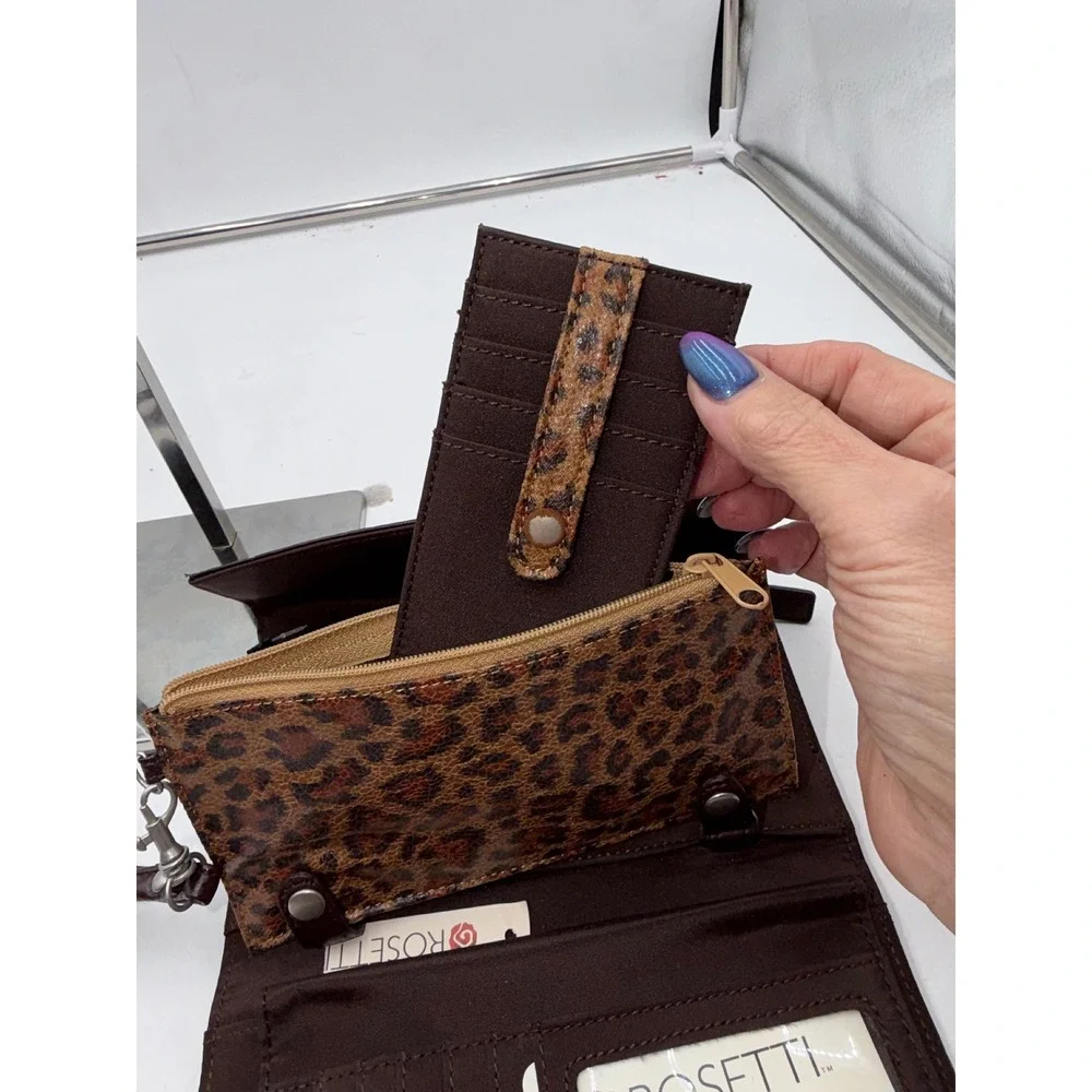 Rosetti Burgundy Pebbled Faux Leather Trifold Wristlet Wallet Leopard Pouch